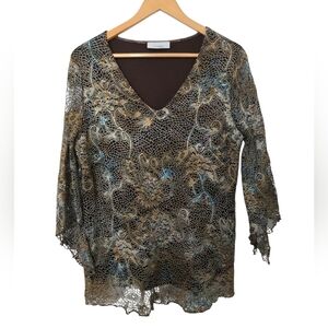 dressbarn Lace V-Neck Blouse in Brown and Blue Size Large